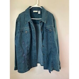 Alfred Dunner Women's Blue Denim Jacket Embroidered Floral Accents Size 18W